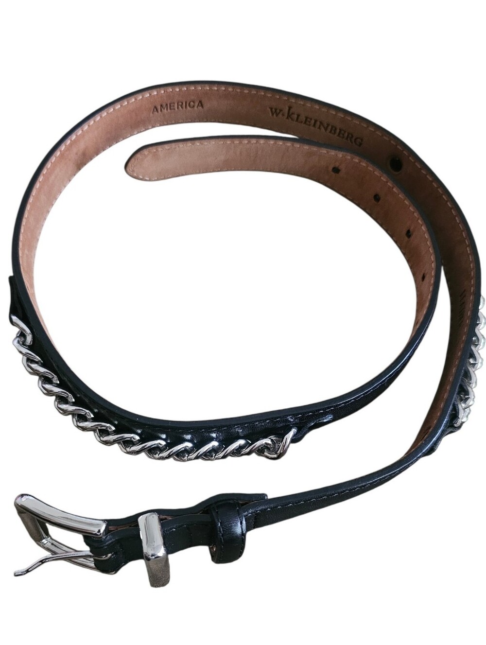 W. Kleinberg Nickel Chain Detail Women Black Leather Belt LUXURY Chic | Size M